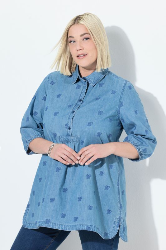 Bow Embroidered Denim-Look Blouse
