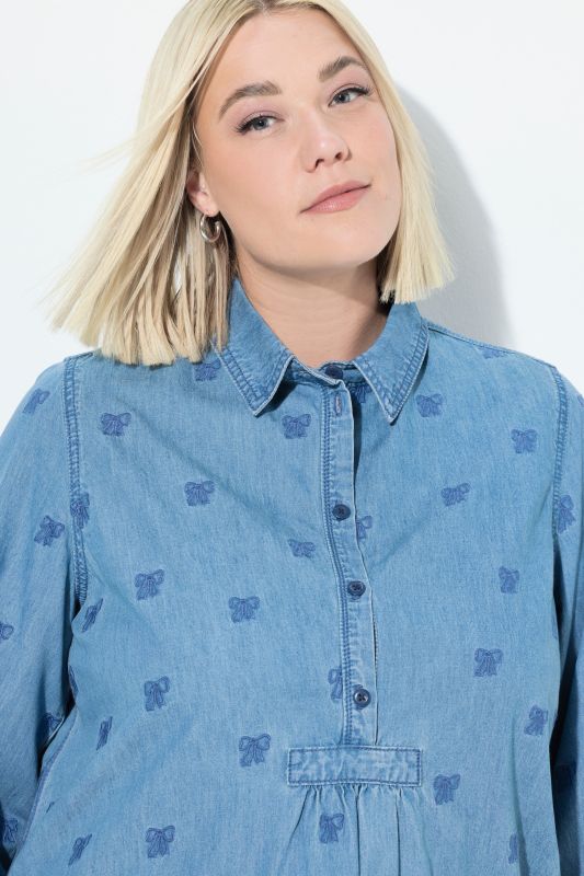 Bow Embroidered Denim-Look Blouse