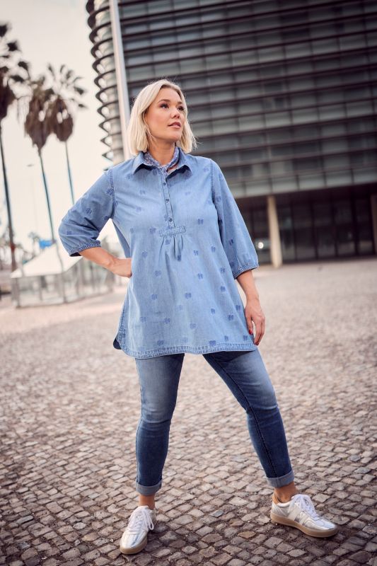 Bow Embroidered Denim-Look Blouse
