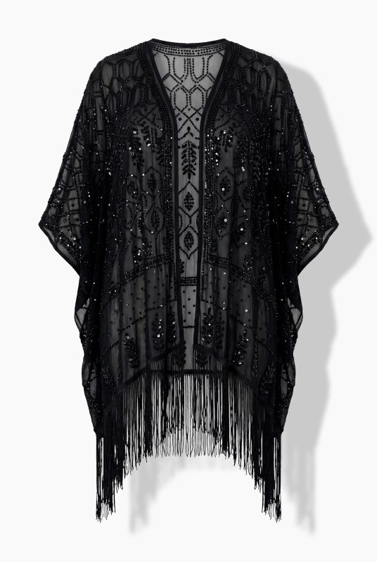 Sequined Chiffon Open Shape Fringed Jacket