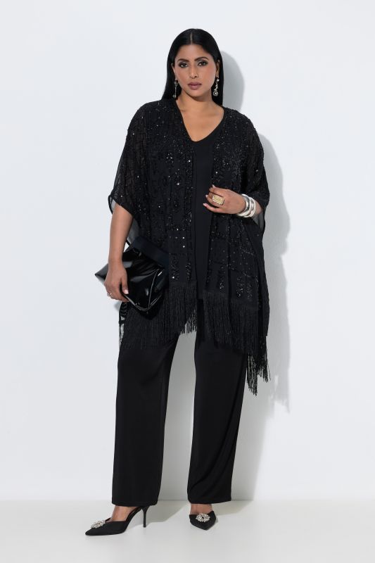 Sequined Chiffon Open Shape Fringed Jacket