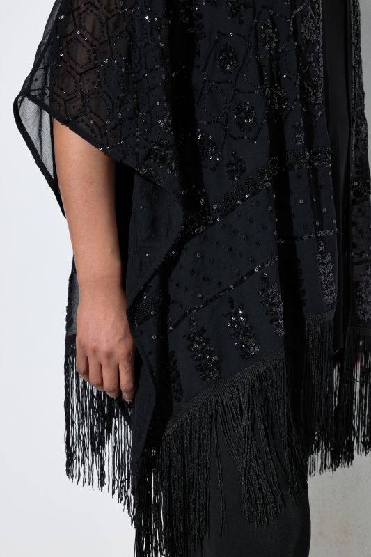 Sequined Chiffon Open Shape Fringed Jacket