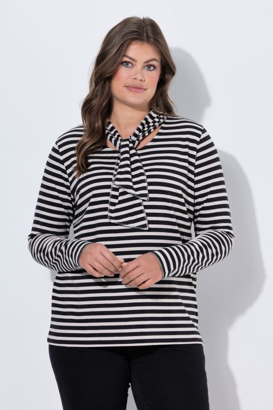 Attached Scarf Striped Long Sleeve Tee