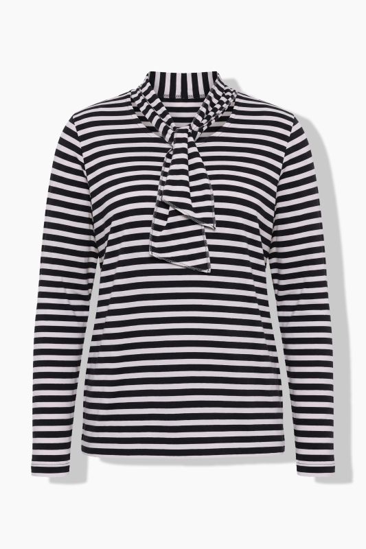 Attached Scarf Striped Long Sleeve Tee