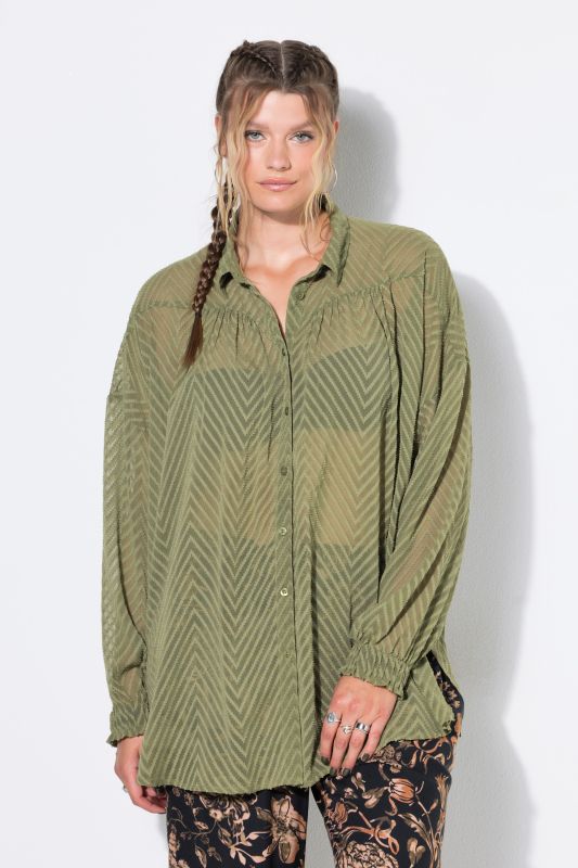 Oversized Sheer Chevron Long Sleeve Blouse