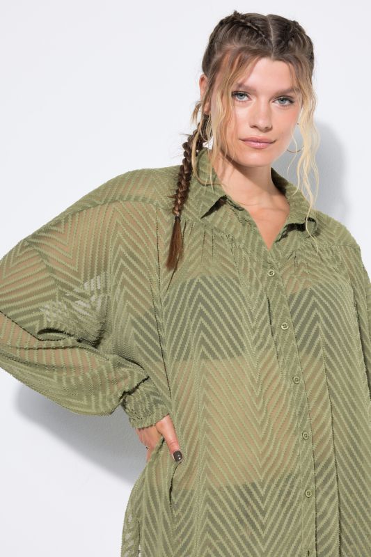 Oversized Sheer Chevron Long Sleeve Blouse