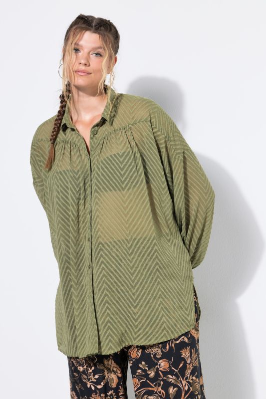 Oversized Sheer Chevron Long Sleeve Blouse