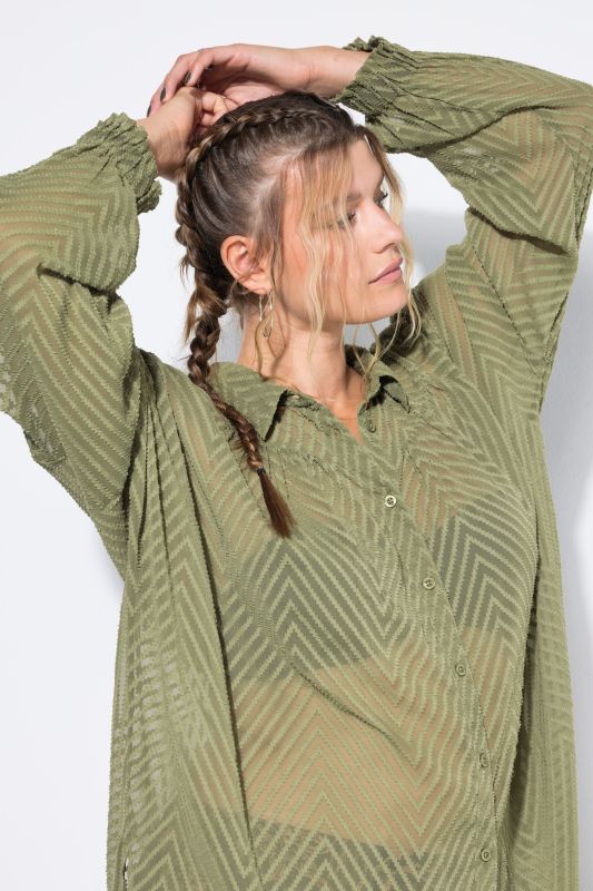 Oversized Sheer Chevron Long Sleeve Blouse