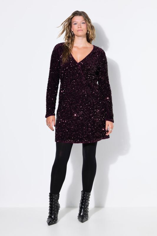 Sequined Wrap Look Long Sleeve V-Neck Dress