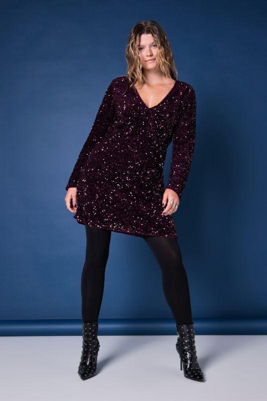 Sequined Wrap Look Long Sleeve V-Neck Dress