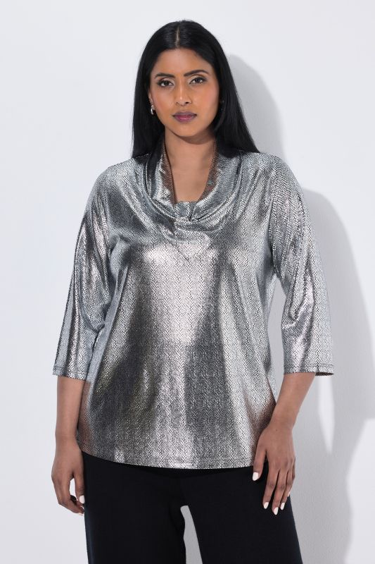 Metallic Cowl Neck 3/4 Sleeve Tee