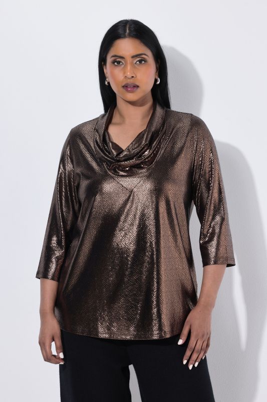Metallic Cowl Neck 3/4 Sleeve Tee