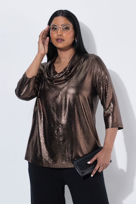 Metallic Cowl Neck 3/4 Sleeve Tee