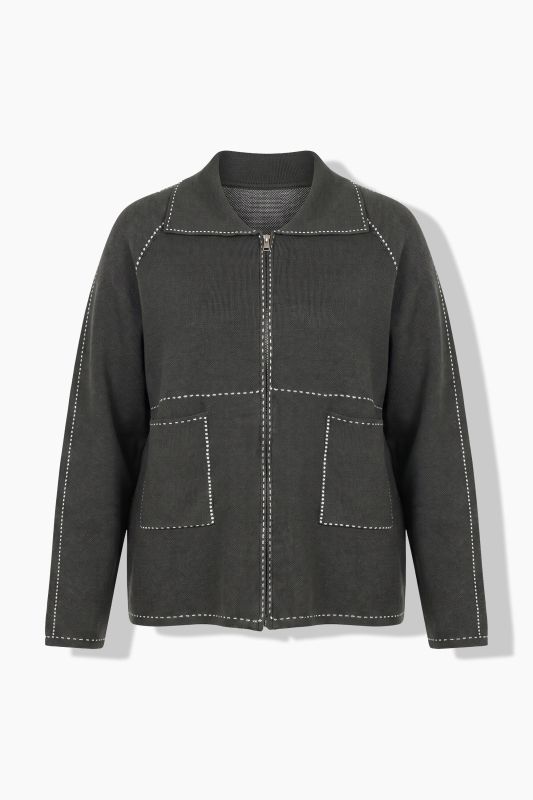Decorative Stitch Zip-Up Cardigan