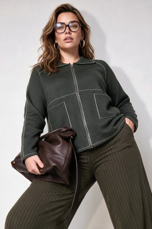 Decorative Stitch Zip-Up Cardigan