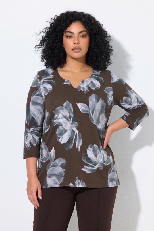 Flower Print 3/4 Sleeve Split Neck Tee