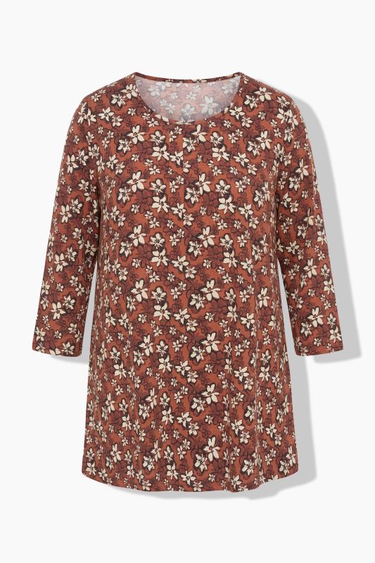 Pleated Neckline 3/4 Sleeve Floral Tee