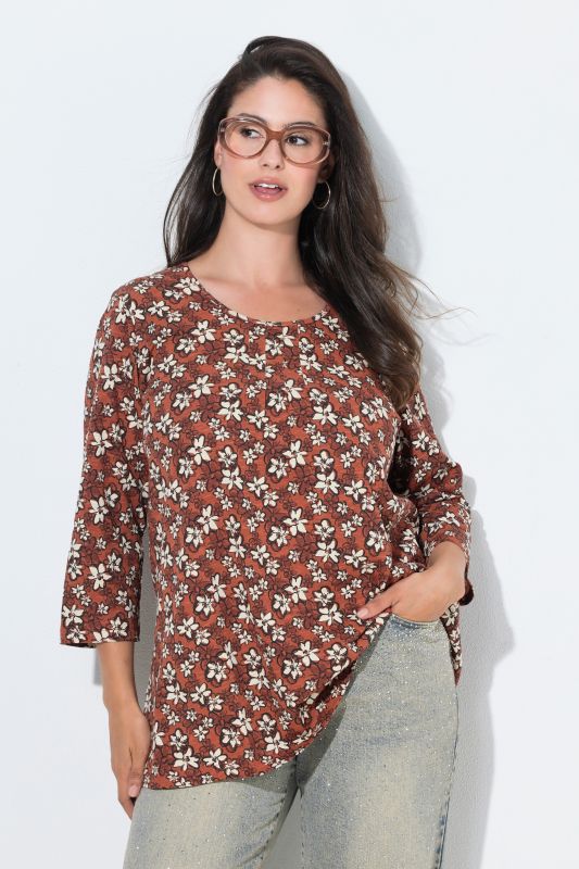 Pleated Neckline 3/4 Sleeve Floral Tee