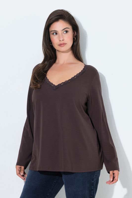Lace Trim Long Sleeve V-Neck Tee