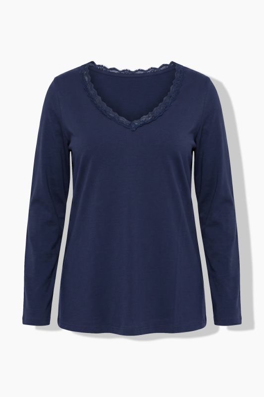 Lace Trim Long Sleeve V-Neck Tee