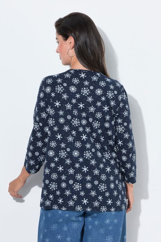 Snowflake Print Pleated Neckline Tee