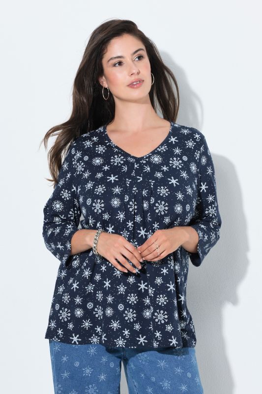 Snowflake Print Pleated Neckline Tee