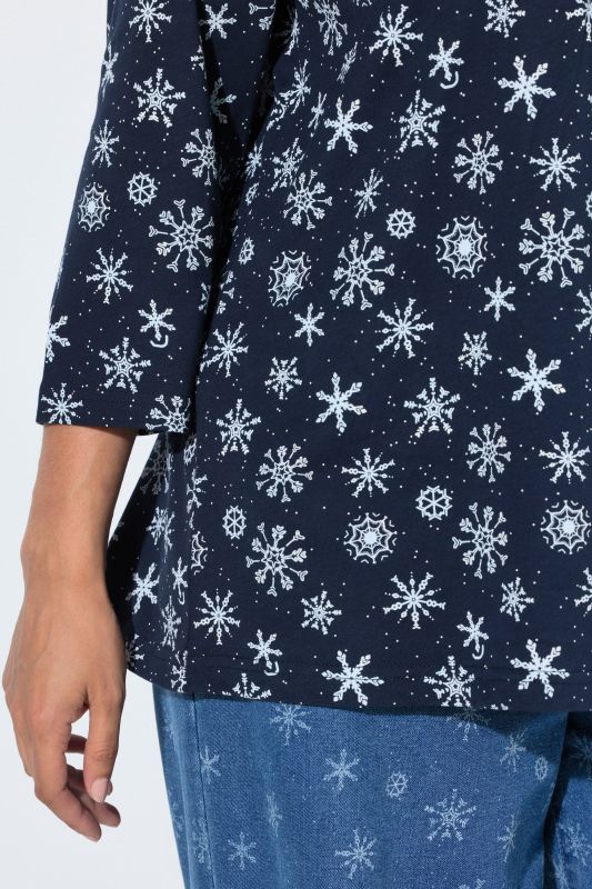 Snowflake Print Pleated Neckline Tee