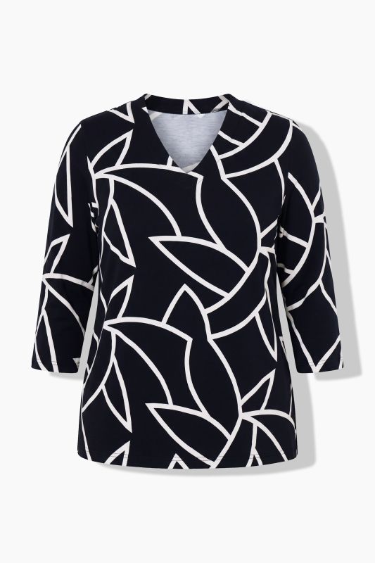 Geometric Leaf Print 3/4 Sleeve V-Neck Tee