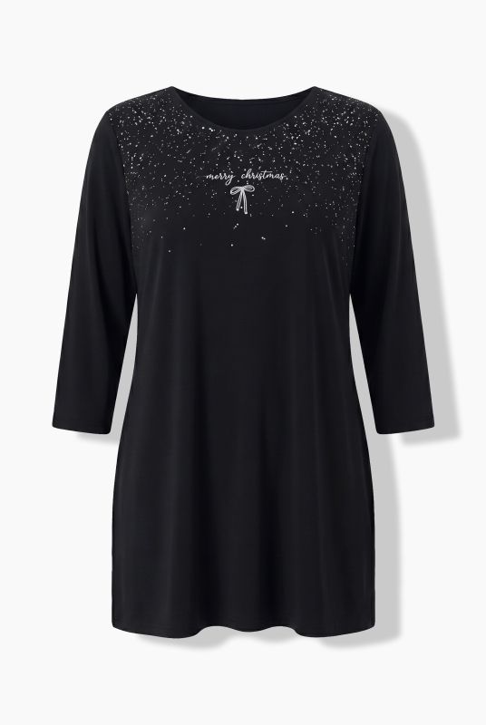 Merry Christmas Glitter Print 3/4 Sleeve Tunic Tee