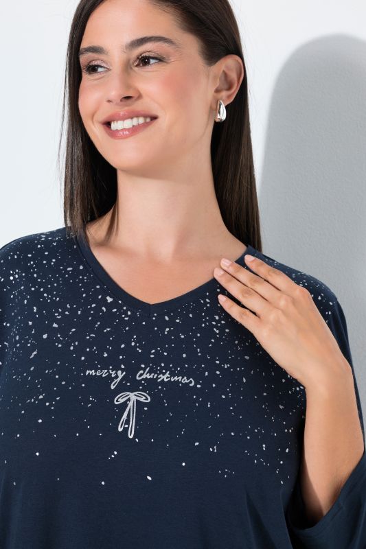 Merry Christmas Glitter Print 3/4 Sleeve Tunic Tee