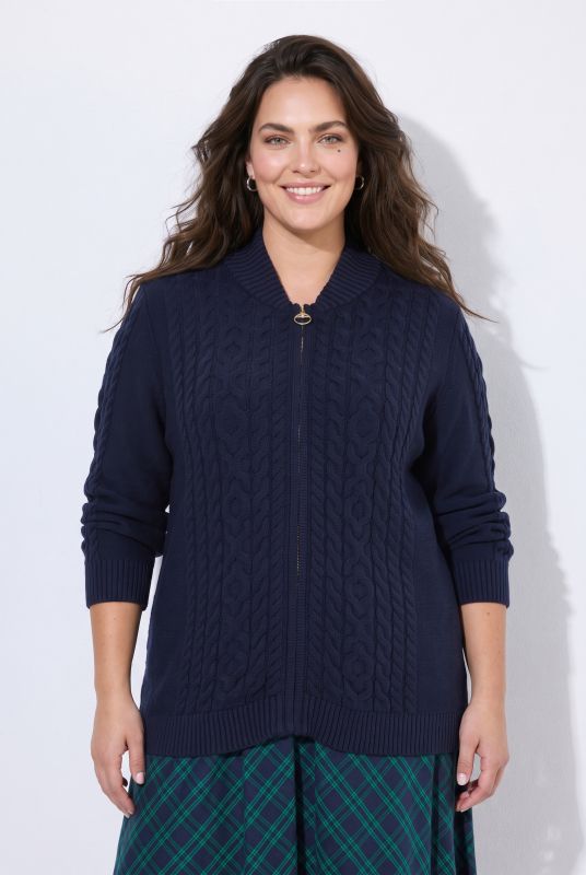 Cable Knit Mock Neck Zip-Up Cardigan
