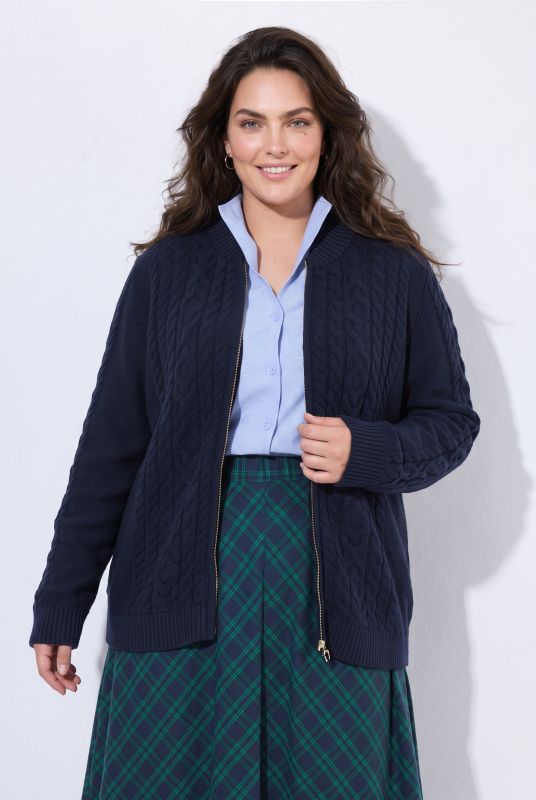 Cable Knit Mock Neck Zip-Up Cardigan