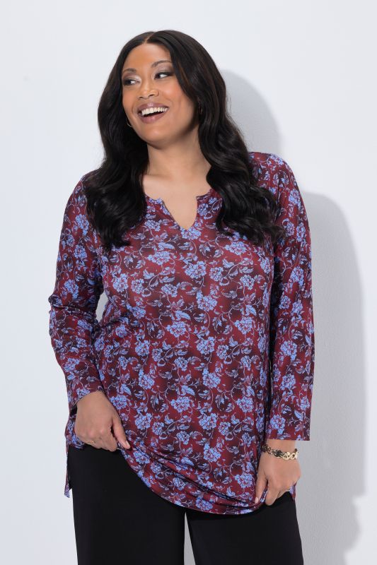 Matte Jersey Floral Vine Notch Neck Knit Tunic Tee