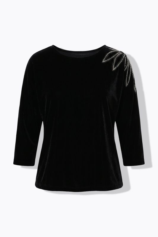 Rhinestone Floral Motif 3/4 Sleeve Velvet T-Shirt Blouse