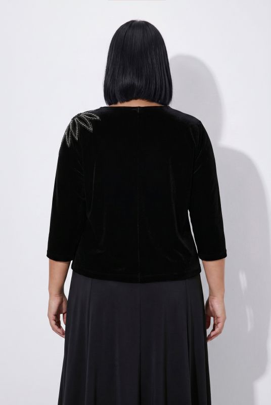 Rhinestone Floral Motif 3/4 Sleeve Velvet T-Shirt Blouse