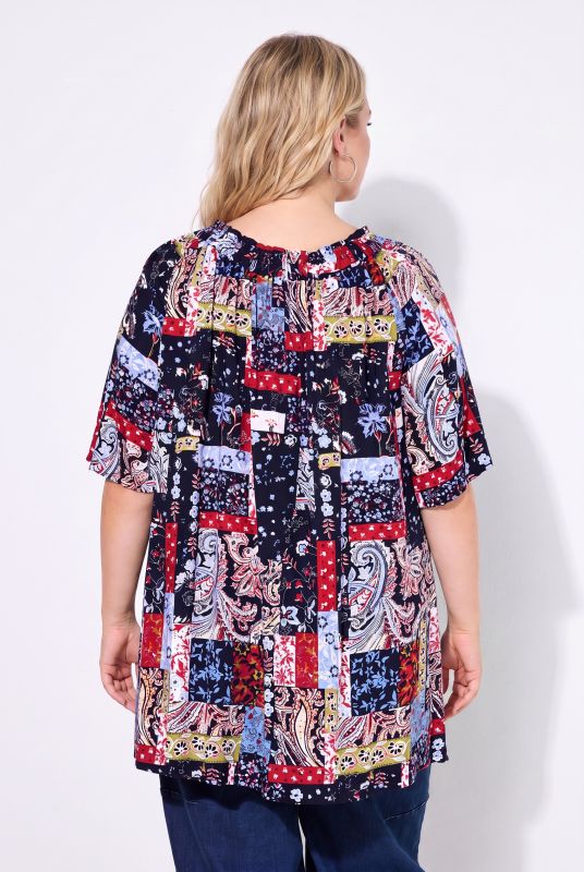 Patchwork Print Smocked Neck Blouse