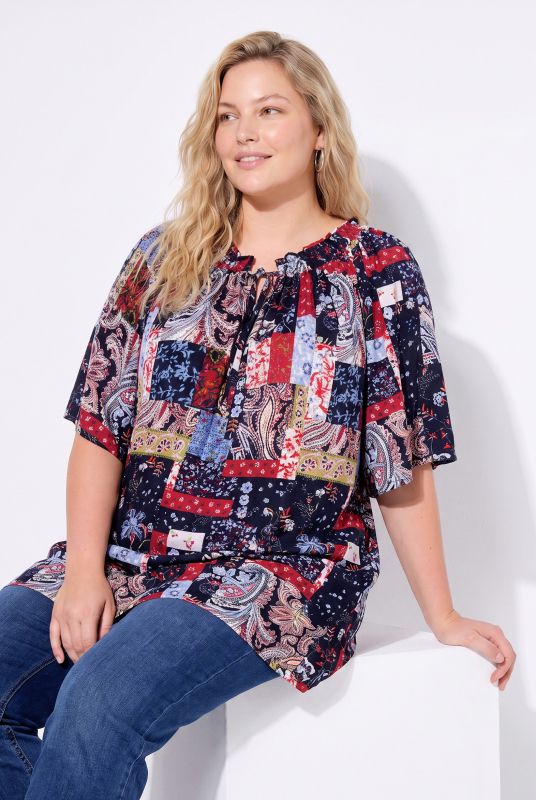 Patchwork Print Smocked Neck Blouse
