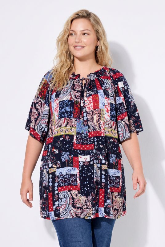 Patchwork Print Smocked Neck Blouse